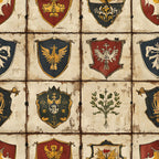 rustic brown, cream beige, dark green, burgundy red, golden yellow, heraldic shields, medieval banners, coat of arms, eagle motifs, botanical elements, weathered texture, vintage distressed,, fabric panel, european inspired, historical design, armorial bearings, aged parchment, decorative crests, renaissance style