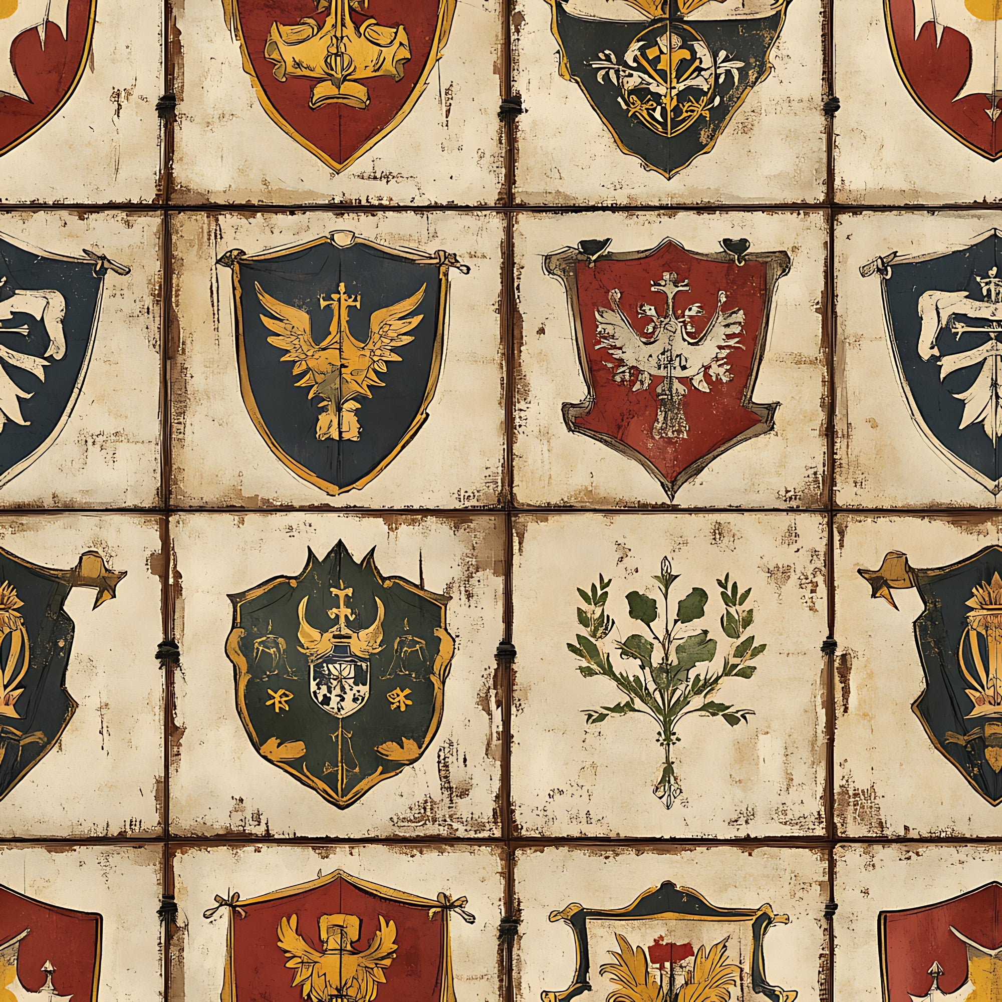 rustic brown, cream beige, dark green, burgundy red, golden yellow, heraldic shields, medieval banners, coat of arms, eagle motifs, botanical elements, weathered texture, vintage distressed,, fabric panel, european inspired, historical design, armorial bearings, aged parchment, decorative crests, renaissance style