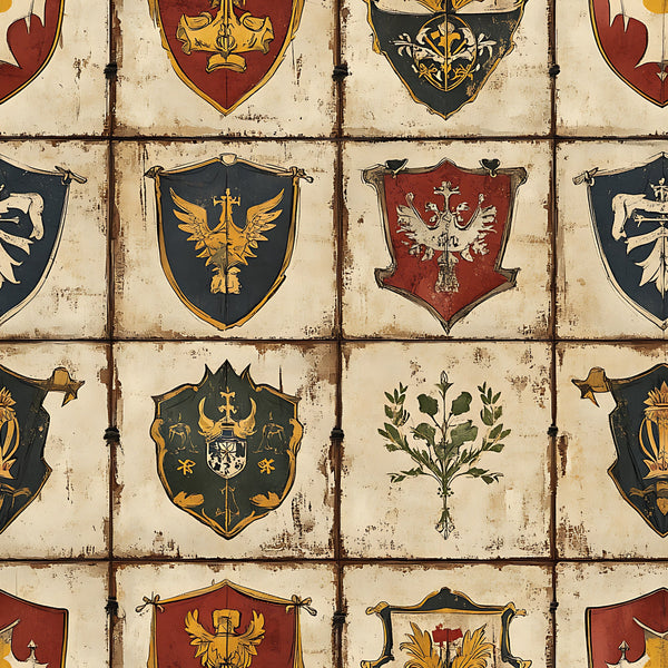 rustic brown, cream beige, dark green, burgundy red, golden yellow, heraldic shields, medieval banners, coat of arms, eagle motifs, botanical elements, weathered texture, vintage distressed,, fabric panel, european inspired, historical design, armorial bearings, aged parchment, decorative crests, renaissance style