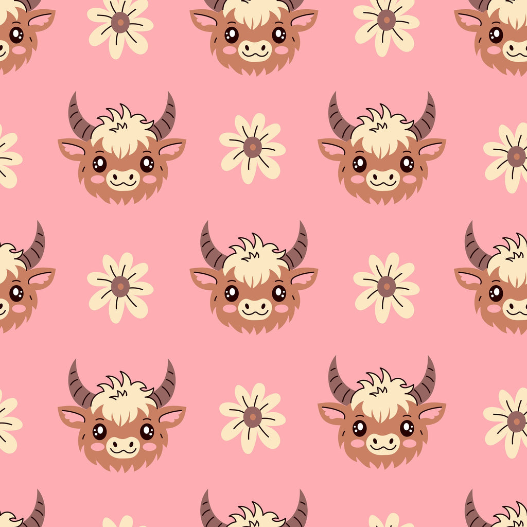 pink background, highland cows, baby animals, cute faces, horns, fluffy hair, white flowers, daisies, kawaii style, adorable expressions, repeating pattern,, fabric panel, pastel colors, cream colored, brown animals, cheerful mood, nursery theme, farm animals, seamless design