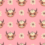 pink background, highland cows, baby animals, cute faces, horns, fluffy hair, white flowers, daisies, kawaii style, adorable expressions, repeating pattern,, fabric panel, pastel colors, cream colored, brown animals, cheerful mood, nursery theme, farm animals, seamless design
