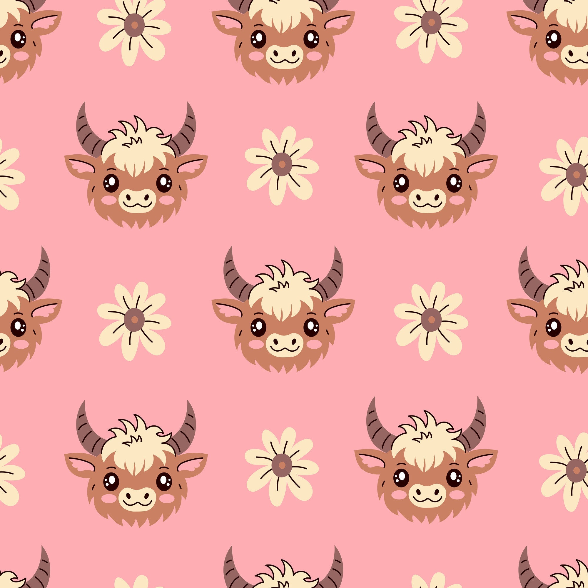pink background, highland cows, baby animals, cute faces, horns, fluffy hair, white flowers, daisies, kawaii style, adorable expressions, repeating pattern,, fabric panel, pastel colors, cream colored, brown animals, cheerful mood, nursery theme, farm animals, seamless design
