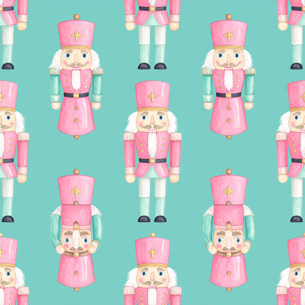 hot pink, mint green, turquoise, coral pink, cream white, nutcracker, holiday, christmas, festive, whimsical, traditional, toy soldiers, gold accents, cross details, vintage style, children's, kids room, playroom, nursery, baby, seasonal, winter, classic holiday, decorative motifs, cheerful, bright colors, character print, repeated pattern, novelty print