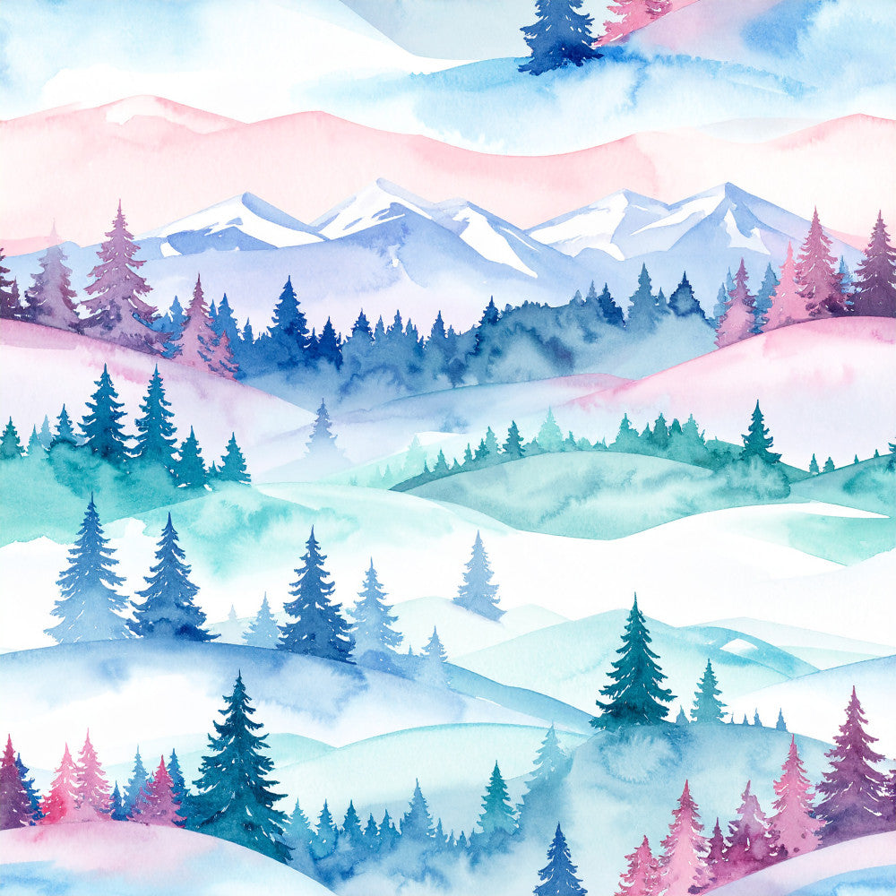 winter landscape, snowy mountains, forest trees, pastel pink, soft blue, icy blue, dusty rose, sage green, teal, watercolor, nature scene, mountain scenery, evergreen trees, winter wonderland, whimsical, dreamy, soft aesthetic, layered landscape, peaceful, serene, holiday winter, snowy scene, frozen forest, majestic mountains, enchanted woodland, soft colors, gradient effect, scenic view, cozy winter, nursery decor