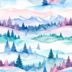 winter landscape, snowy mountains, forest trees, pastel pink, soft blue, icy blue, dusty rose, sage green, teal, watercolor, nature scene, mountain scenery, evergreen trees, winter wonderland, whimsical, dreamy, soft aesthetic, layered landscape, peaceful, serene, holiday winter, snowy scene, frozen forest, majestic mountains, enchanted woodland, soft colors, gradient effect, scenic view, cozy winter, nursery decor