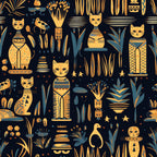navy blue, gold, mustard yellow, teal, egyptian, cat, cats, feline, pharaoh, ancient egypt, hieroglyphics, celestial, stars, botanical, plants, reeds, lotus, whimsical, playful, mystical, exotic, vintage, patterned, decorative, kids room, nursery, adventure, animal lovers, geometric patterns, cultural