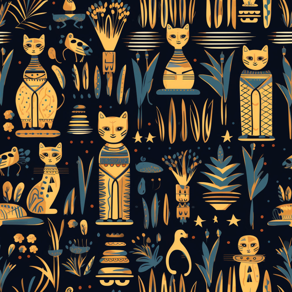 navy blue, gold, mustard yellow, teal, egyptian, cat, cats, feline, pharaoh, ancient egypt, hieroglyphics, celestial, stars, botanical, plants, reeds, lotus, whimsical, playful, mystical, exotic, vintage, patterned, decorative, kids room, nursery, adventure, animal lovers, geometric patterns, cultural