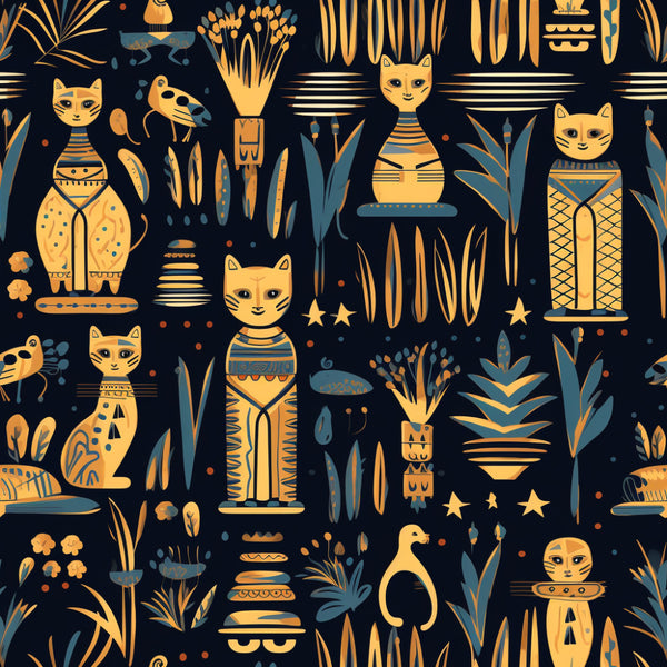 navy blue, gold, mustard yellow, teal, egyptian, cat, cats, feline, pharaoh, ancient egypt, hieroglyphics, celestial, stars, botanical, plants, reeds, lotus, whimsical, playful, mystical, exotic, vintage, patterned, decorative, kids room, nursery, adventure, animal lovers, geometric patterns, cultural