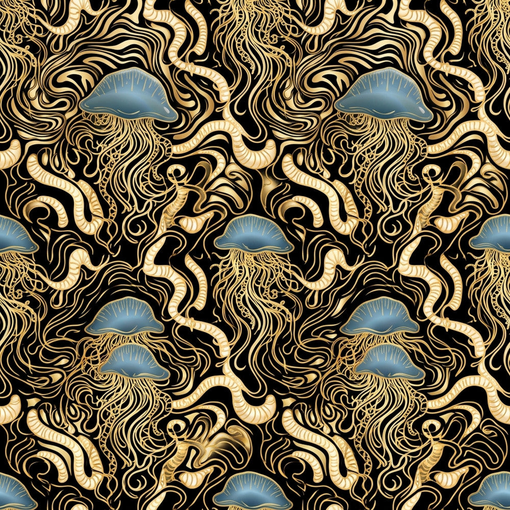 gold swirls, black background, blue jellyfish, ocean creatures, sea life, nautical theme, coastal, marine animals, jellyfish pattern, gold and black, metallic gold, intricate design, ornate, elegant, sophisticated, luxury, modern aesthetic, abstract swirls, nature-inspired, ocean theme, coastal decor, aquatic life, deep sea, whimsical creatures, decorative pattern, statement fabric, bold design, art deco style, contemporary, upscale