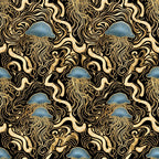 gold swirls, black background, blue jellyfish, ocean creatures, sea life, nautical theme, coastal, marine animals, jellyfish pattern, gold and black, metallic gold, intricate design, ornate, elegant, sophisticated, luxury, modern aesthetic, abstract swirls, nature-inspired, ocean theme, coastal decor, aquatic life, deep sea, whimsical creatures, decorative pattern, statement fabric, bold design, art deco style, contemporary, upscale