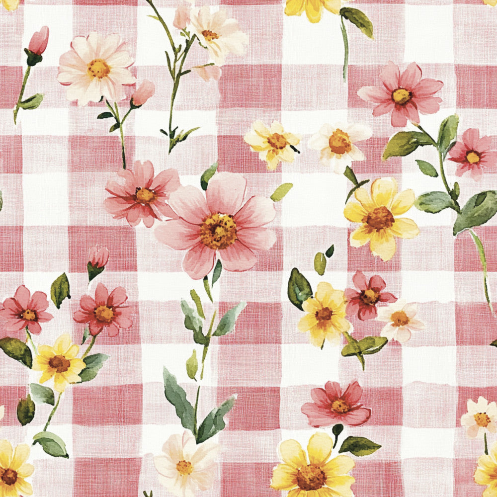 rose pink, cream white, yellow, gingham check, checkered, floral, daisy, cosmos, botanical, vintage, cottage core, farmhouse, spring, summer, pastoral, garden, nature, traditional, cheerful, whimsical, country, rustic, sweet, feminine, delicate, buds, stems, leaves, homespun, classic