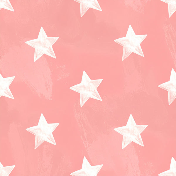 coral pink, blush pink, rose pink, white stars, celestial, star pattern, geometric, modern, whimsical, nursery, baby room, kids room, playroom, gender neutral, soft, dreamy, starry night, constellation, baby shower, newborn, toddler, girl's room, boy's room, sweet, cute, pastel, light pink, sky theme, nighttime, bedtime