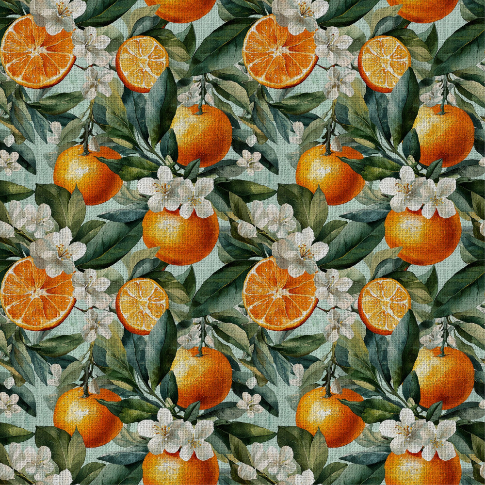 orange citrus, orange slices, white flowers, green leaves, botanical, floral, nature, vintage, cottage core, spring, summer, tropical, bright orange, cream white, sage green, forest green, botanical print, fruit pattern, citrus pattern, classic, traditional, elegant, garden, orchard, timeless, natural, decorative, nursery, kids room, playroom