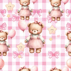 pink, baby pink, blush pink, cream, gingham pattern, checkered background, teddy bears, cute bears, balloons, ribbons, bows, star decorations, nursery theme, baby girl, kawaii style, whimsical, sweet,, fabric panel, children's fabric, soft pastels, adorable characters