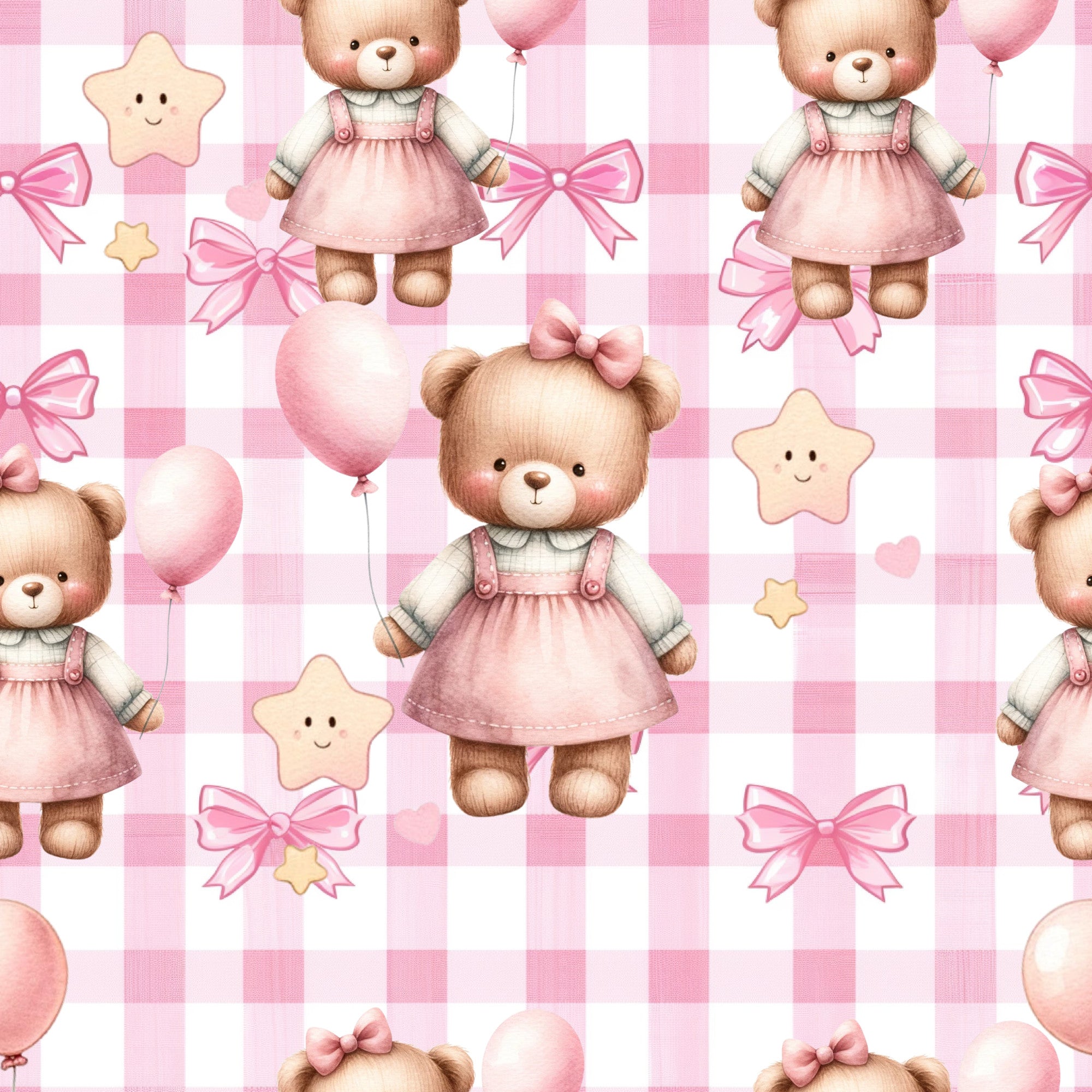 pink, baby pink, blush pink, cream, gingham pattern, checkered background, teddy bears, cute bears, balloons, ribbons, bows, star decorations, nursery theme, baby girl, kawaii style, whimsical, sweet,, fabric panel, children's fabric, soft pastels, adorable characters