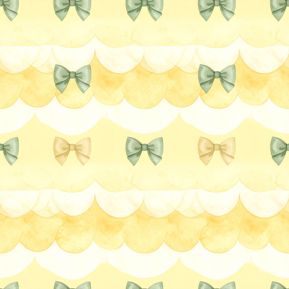 pale yellow, sage green, cream, soft yellow, butter yellow, bows, ribbons, scalloped edges, vintage, whimsical, elegant, pastel, nursery, baby girl, spring, feminine, romantic, classic, delicate, two-tone bows, alternating bows, soft aesthetic, gentle, sweet, baby shower, girls room, dreamy, traditional, soft and cuddly