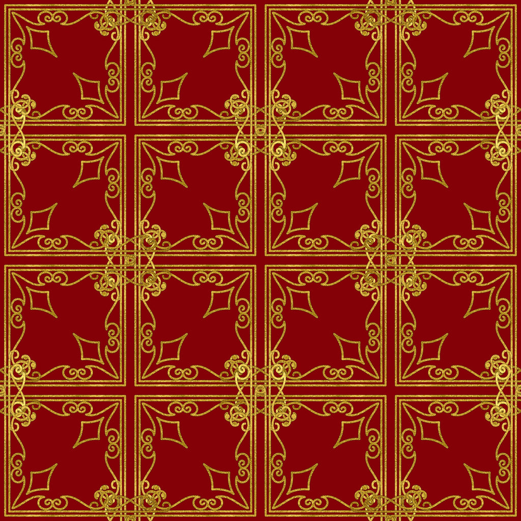 red, gold, burgundy, ornate scrollwork, decorative flourishes, geometric squares, repeating pattern, elegant motifs, victorian style, christmas fabric,, fabric panel, holiday theme, intricate borders, symmetrical design, festive colors, ornamental design, luxurious appearance