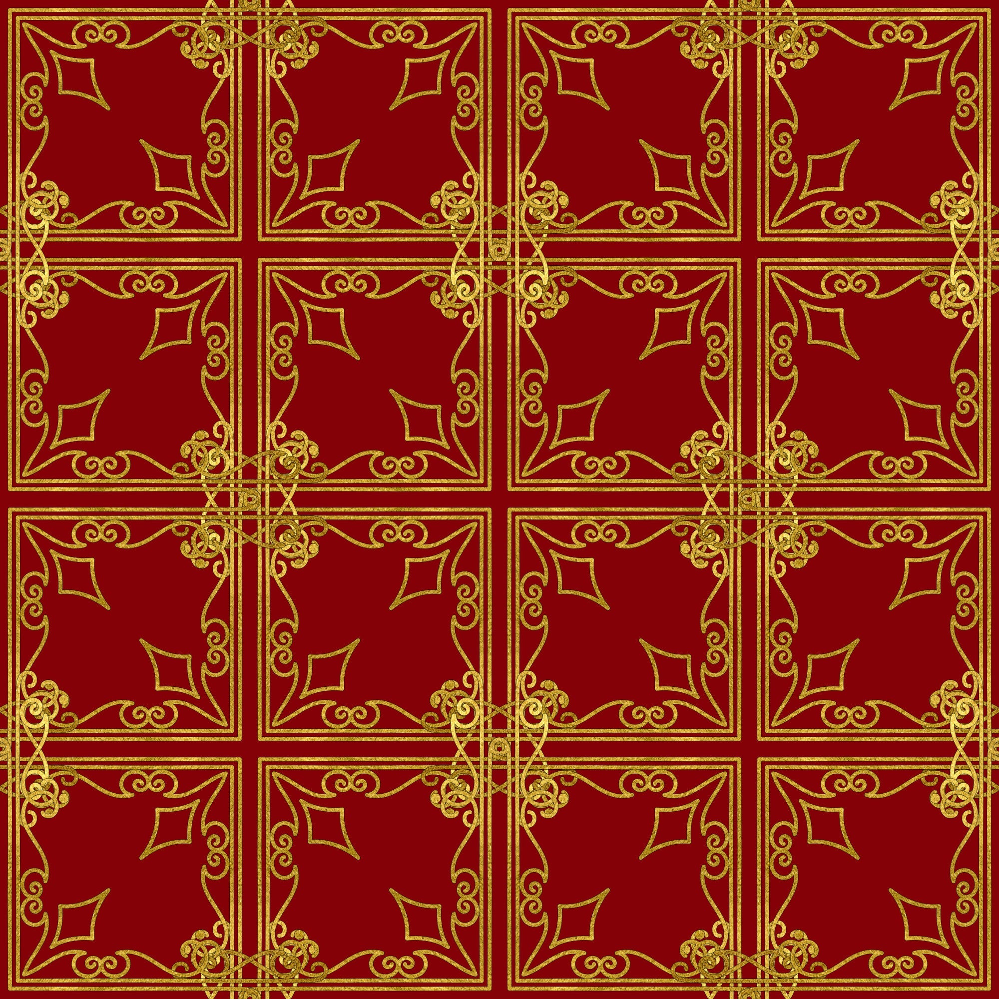 red, gold, burgundy, ornate scrollwork, decorative flourishes, geometric squares, repeating pattern, elegant motifs, victorian style, christmas fabric,, fabric panel, holiday theme, intricate borders, symmetrical design, festive colors, ornamental design, luxurious appearance
