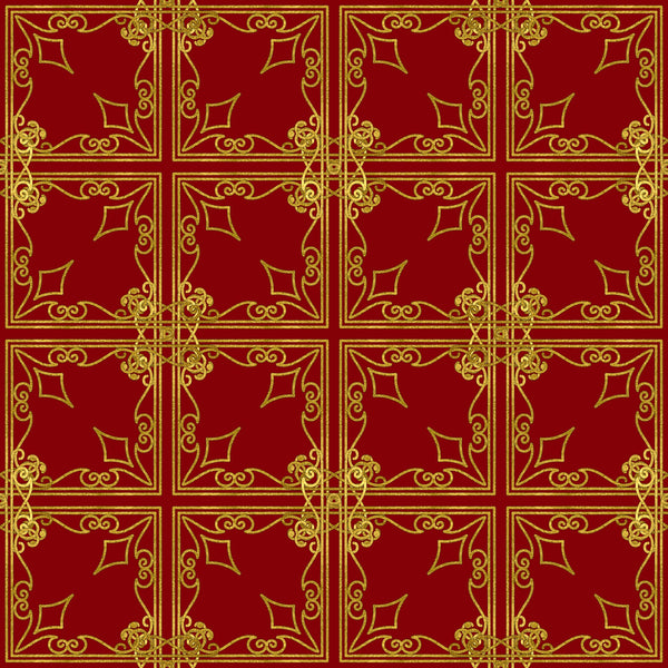 red, gold, burgundy, ornate scrollwork, decorative flourishes, geometric squares, repeating pattern, elegant motifs, victorian style, christmas fabric,, fabric panel, holiday theme, intricate borders, symmetrical design, festive colors, ornamental design, luxurious appearance