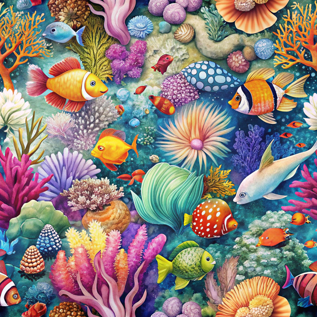 coral reef, tropical fish, sea anemones, underwater scene, vibrant colors, orange coral, purple sea urchins, clownfish, angelfish, marine life, ocean themed, bright blues, pink corals, yellow fish, aquatic pattern,, fabric panel, colorful seascape, reef ecosystem, whimsical illustration