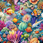 coral reef, tropical fish, sea anemones, underwater scene, vibrant colors, orange coral, purple sea urchins, clownfish, angelfish, marine life, ocean themed, bright blues, pink corals, yellow fish, aquatic pattern,, fabric panel, colorful seascape, reef ecosystem, whimsical illustration