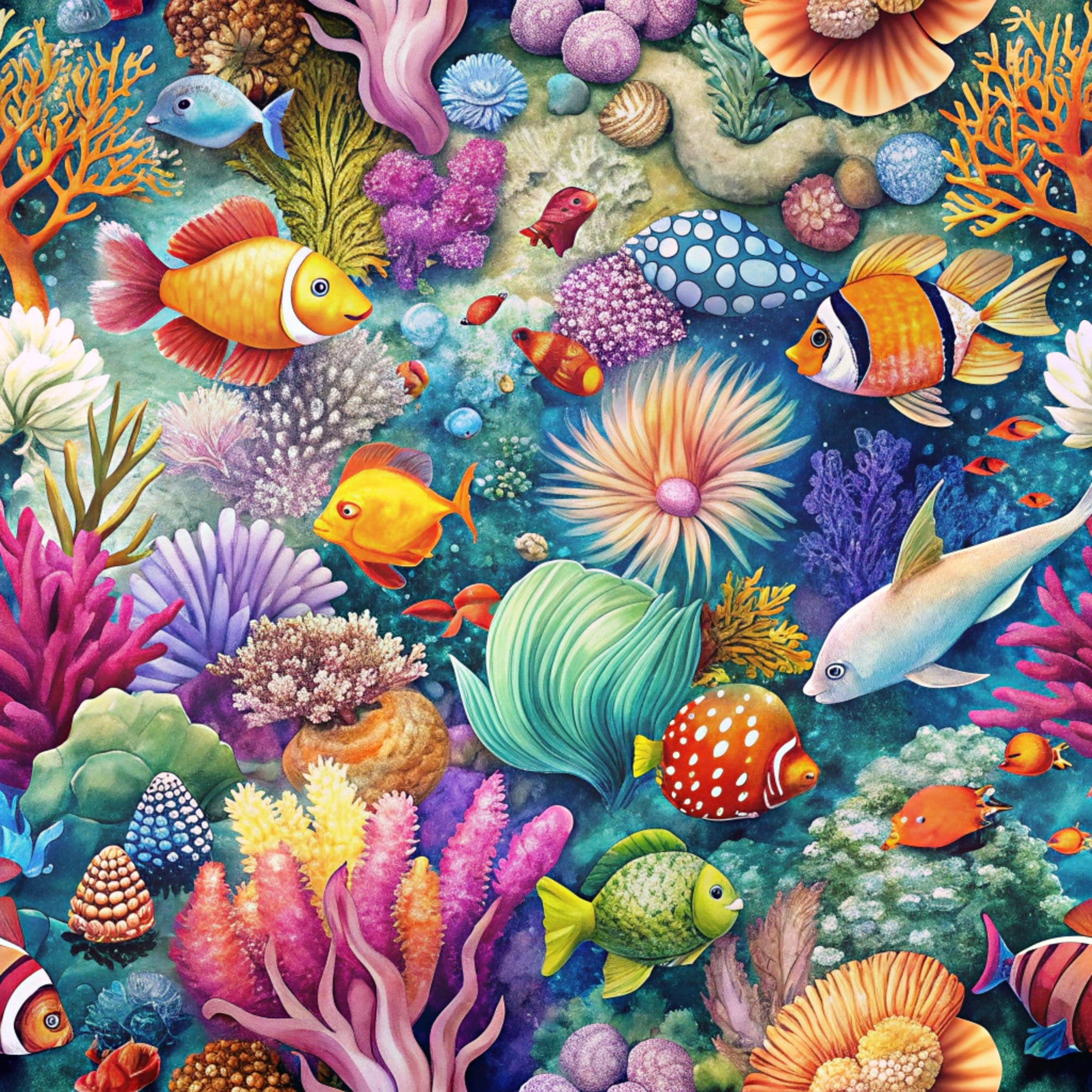 coral reef, tropical fish, sea anemones, underwater scene, vibrant colors, orange coral, purple sea urchins, clownfish, angelfish, marine life, ocean themed, bright blues, pink corals, yellow fish, aquatic pattern,, fabric panel, colorful seascape, reef ecosystem, whimsical illustration