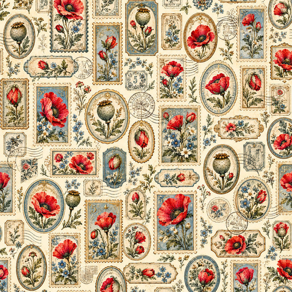 cream, red, coral red, sage green, blue, gold, vintage floral, botanical, stamp, postage, envelope, poppies, wildflowers, garden flowers, traditional, elegant, romantic, cottage, victorian, classic, nature-inspired, spring, summer, heirloom, timeless, botanical illustration, seed pods, delicate florals, nostalgic, heritage