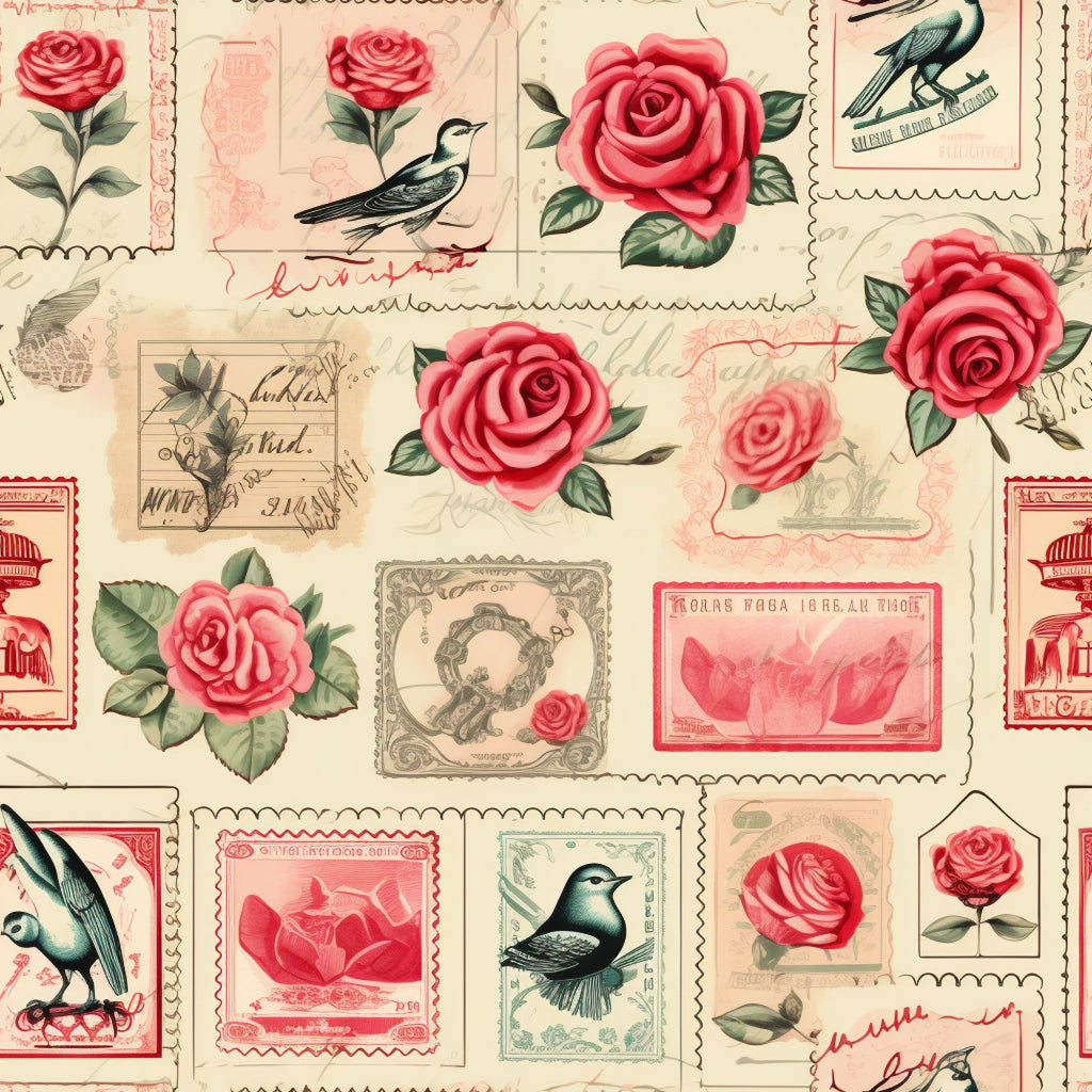 vintage stamps, pink roses, coral flowers, small birds, beige background, cream tones, red accents, green leaves, postage stamps, floral motifs, romantic theme, cottagecore aesthetic,, fabric panel, nostalgic design, botanical elements, love letters, soft pastels, shabby chic, vintage postal