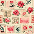 vintage stamps, pink roses, coral flowers, small birds, beige background, cream tones, red accents, green leaves, postage stamps, floral motifs, romantic theme, cottagecore aesthetic,, fabric panel, nostalgic design, botanical elements, love letters, soft pastels, shabby chic, vintage postal