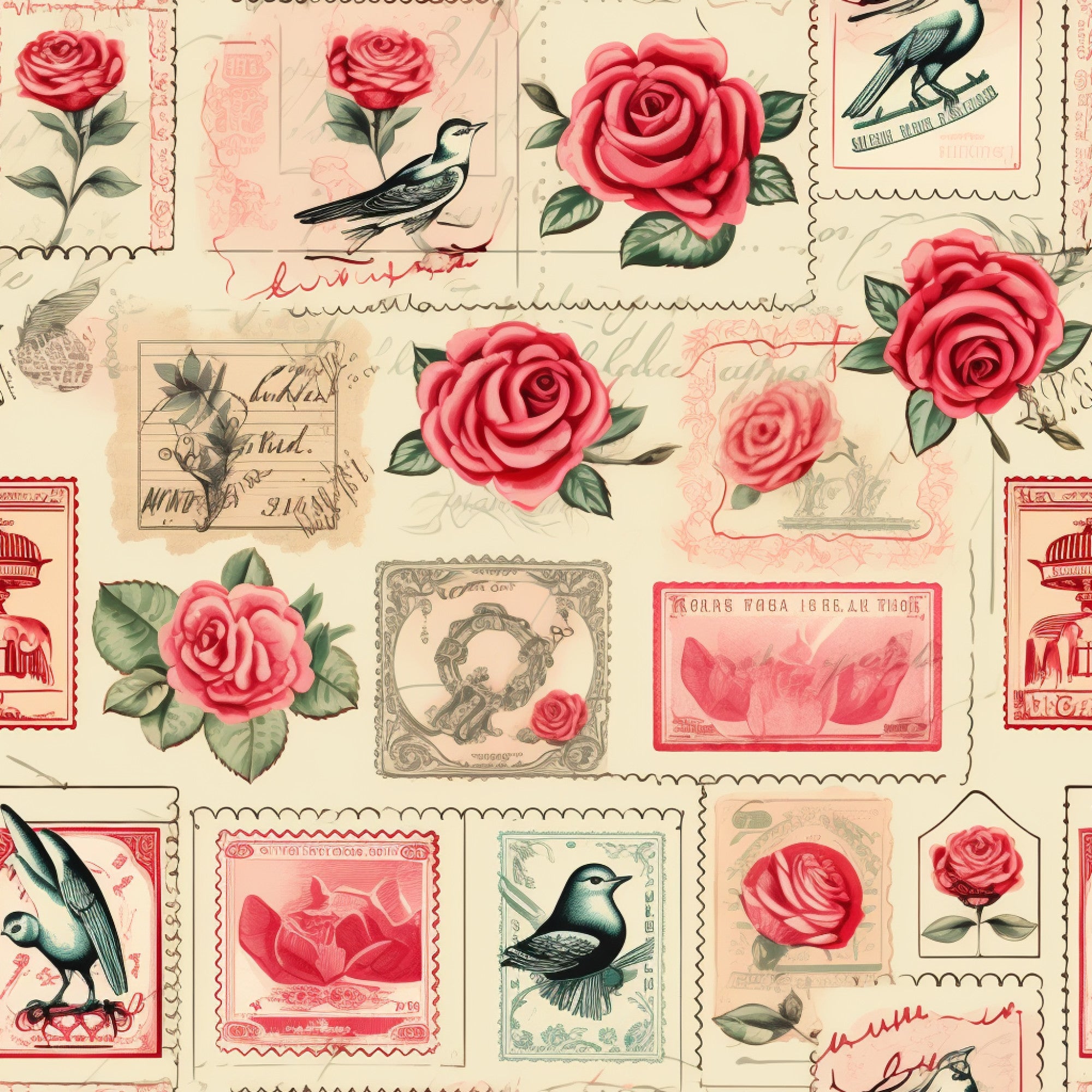 vintage stamps, pink roses, coral flowers, small birds, beige background, cream tones, red accents, green leaves, postage stamps, floral motifs, romantic theme, cottagecore aesthetic,, fabric panel, nostalgic design, botanical elements, love letters, soft pastels, shabby chic, vintage postal