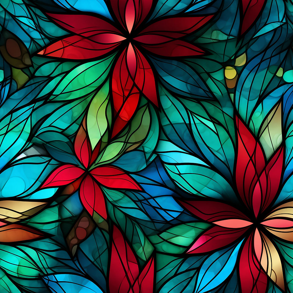 stained glass, floral motifs, red flowers, blue petals, green leaves, turquoise accents, geometric patterns, translucent effect, botanical design, vibrant colors,, fabric panel, christmas theme, holiday fabric, mosaic style, decorative florals, multi-colored, festive pattern, crafting material