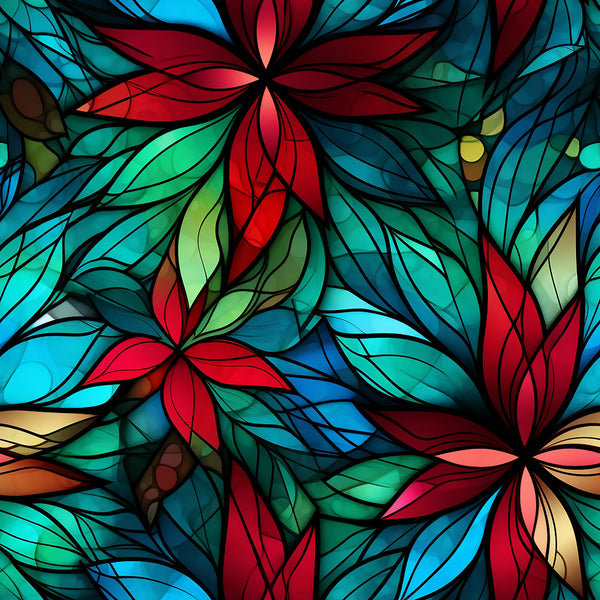 stained glass, floral motifs, red flowers, blue petals, green leaves, turquoise accents, geometric patterns, translucent effect, botanical design, vibrant colors,, fabric panel, christmas theme, holiday fabric, mosaic style, decorative florals, multi-colored, festive pattern, crafting material
