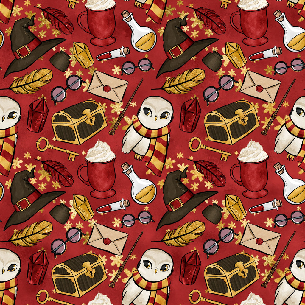 burgundy red, golden yellow, wizard hat, white owl, striped scarf, potion bottles, treasure chest, quill feathers, round glasses, magic wands, lantern, envelope, skeleton key,, repeating pattern, whimsical illustration, magical theme, school supplies, fantasy elements, seamless design
