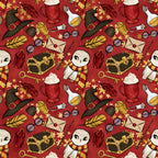 burgundy red, golden yellow, wizard hat, white owl, striped scarf, potion bottles, treasure chest, quill feathers, round glasses, magic wands, lantern, envelope, skeleton key,, repeating pattern, whimsical illustration, magical theme, school supplies, fantasy elements, seamless design
