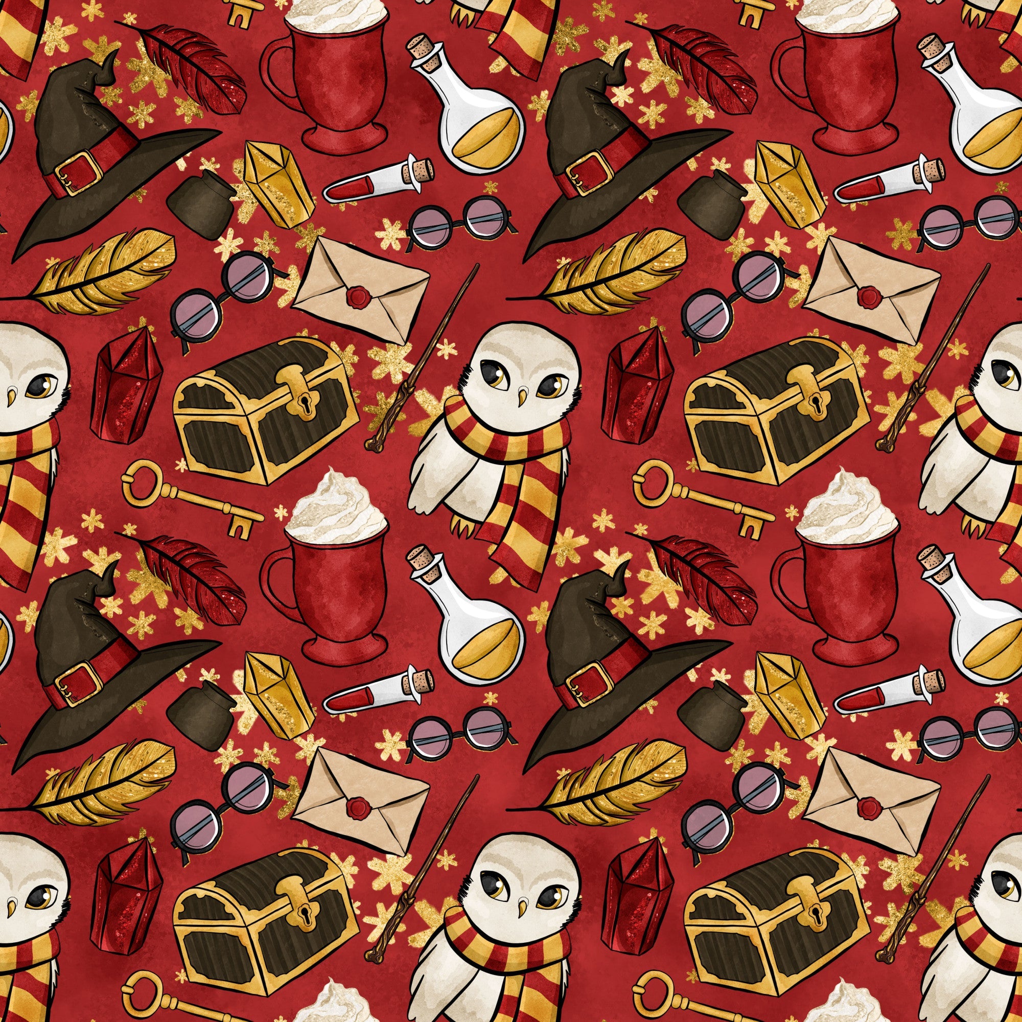 burgundy red, golden yellow, wizard hat, white owl, striped scarf, potion bottles, treasure chest, quill feathers, round glasses, magic wands, lantern, envelope, skeleton key,, repeating pattern, whimsical illustration, magical theme, school supplies, fantasy elements, seamless design