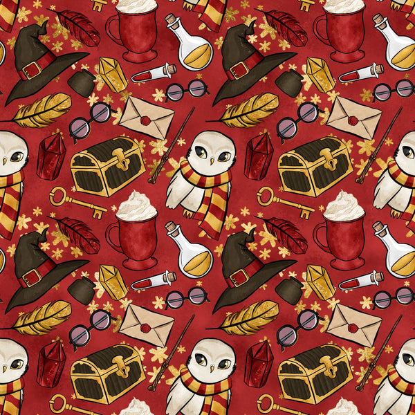 burgundy red, golden yellow, wizard hat, white owl, striped scarf, potion bottles, treasure chest, quill feathers, round glasses, magic wands, lantern, envelope, skeleton key,, repeating pattern, whimsical illustration, magical theme, school supplies, fantasy elements, seamless design