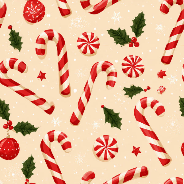 candy cane, peppermint, red and white striped, holly, christmas, holiday, festive, candy, sweets, red ornament, snowflake, winter, cream, red, green, whimsical, playful, traditional, nostalgic, vintage, retro candy, lollipop, decorative balls, stars, children's, kids, festive theme, seasonal, december, candy land