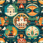 orange, teal, cream, geometric circles, mosaic pattern, architectural buildings, decorative masks, ornamental designs, folk art style,, fabric panel, intricate details, cultural motifs, vintage inspired, artistic illustration, bohemian aesthetic, handcrafted look, textile art, decorative elements