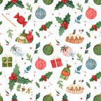 christmas, holiday, festive, red, green, cream, coral pink, forest green, sage green, gold, winter, whimsical, traditional, nostalgic, holly, mistletoe, ornaments, baubles, candy cane, wrapped gifts, decorated cake, berries, leaves, botanical, seasonal, festive decor, children's, playroom, nursery, vintage style