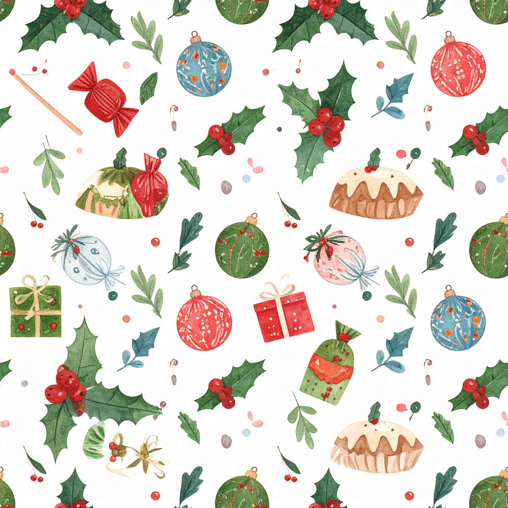 christmas, holiday, festive, red, green, cream, coral pink, forest green, sage green, gold, winter, whimsical, traditional, nostalgic, holly, mistletoe, ornaments, baubles, candy cane, wrapped gifts, decorated cake, berries, leaves, botanical, seasonal, festive decor, children's, playroom, nursery, vintage style