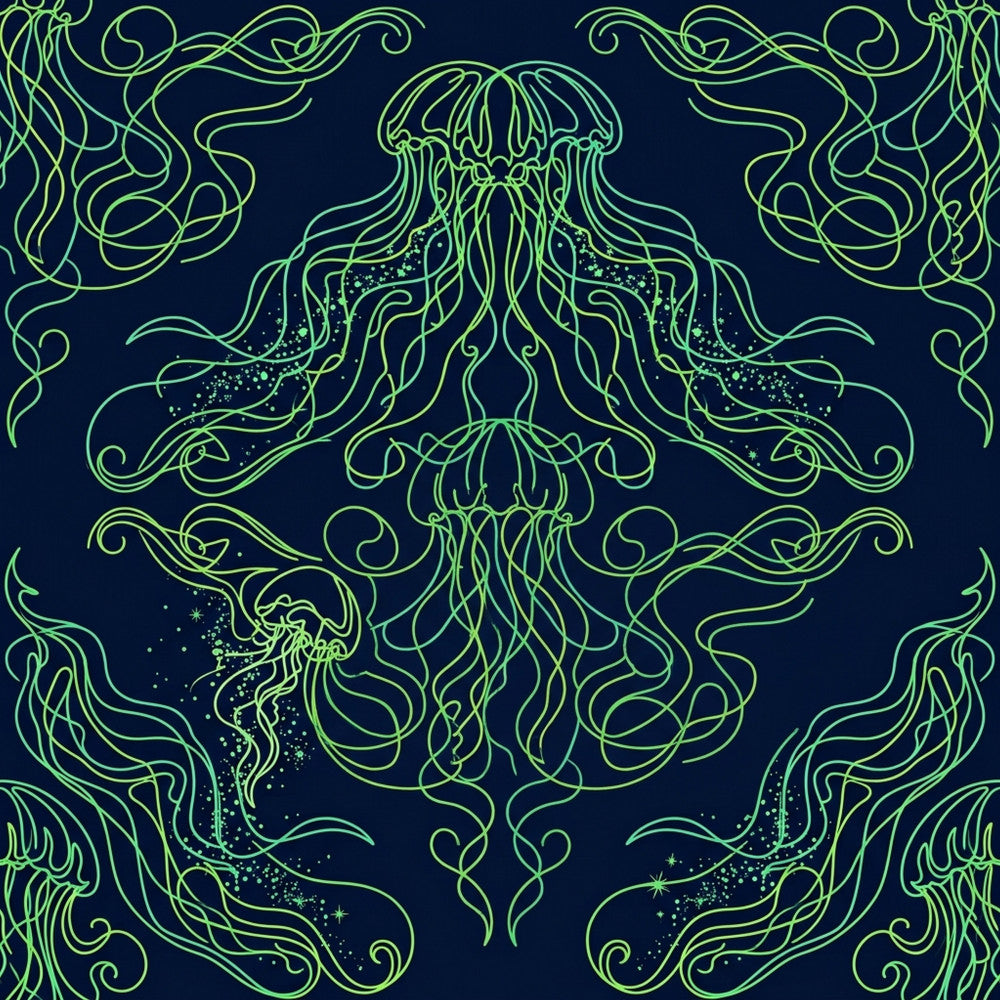 navy blue, lime green, neon green, glow in the dark, jellyfish, tentacles, bioluminescent, ocean, sea creatures, celestial, stars, sparkles, glowing, mystical, whimsical, ethereal, dark academia, gothic, elegant, botanical, flowing, organic, symmetrical, magical, underwater, deep sea, luminescent, fantasy, enchanted, modern
