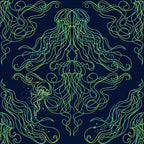 navy blue, lime green, neon green, glow in the dark, jellyfish, tentacles, bioluminescent, ocean, sea creatures, celestial, stars, sparkles, glowing, mystical, whimsical, ethereal, dark academia, gothic, elegant, botanical, flowing, organic, symmetrical, magical, underwater, deep sea, luminescent, fantasy, enchanted, modern