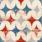 cream, ivory, red, blue, gray, distressed texture, weathered, vintage circles, overlapping circles, geometric pattern, four-pointed stars, diamond shapes, patriotic colors, americana, aged appearance, worn look,, fabric panel, repeating pattern, retro style
