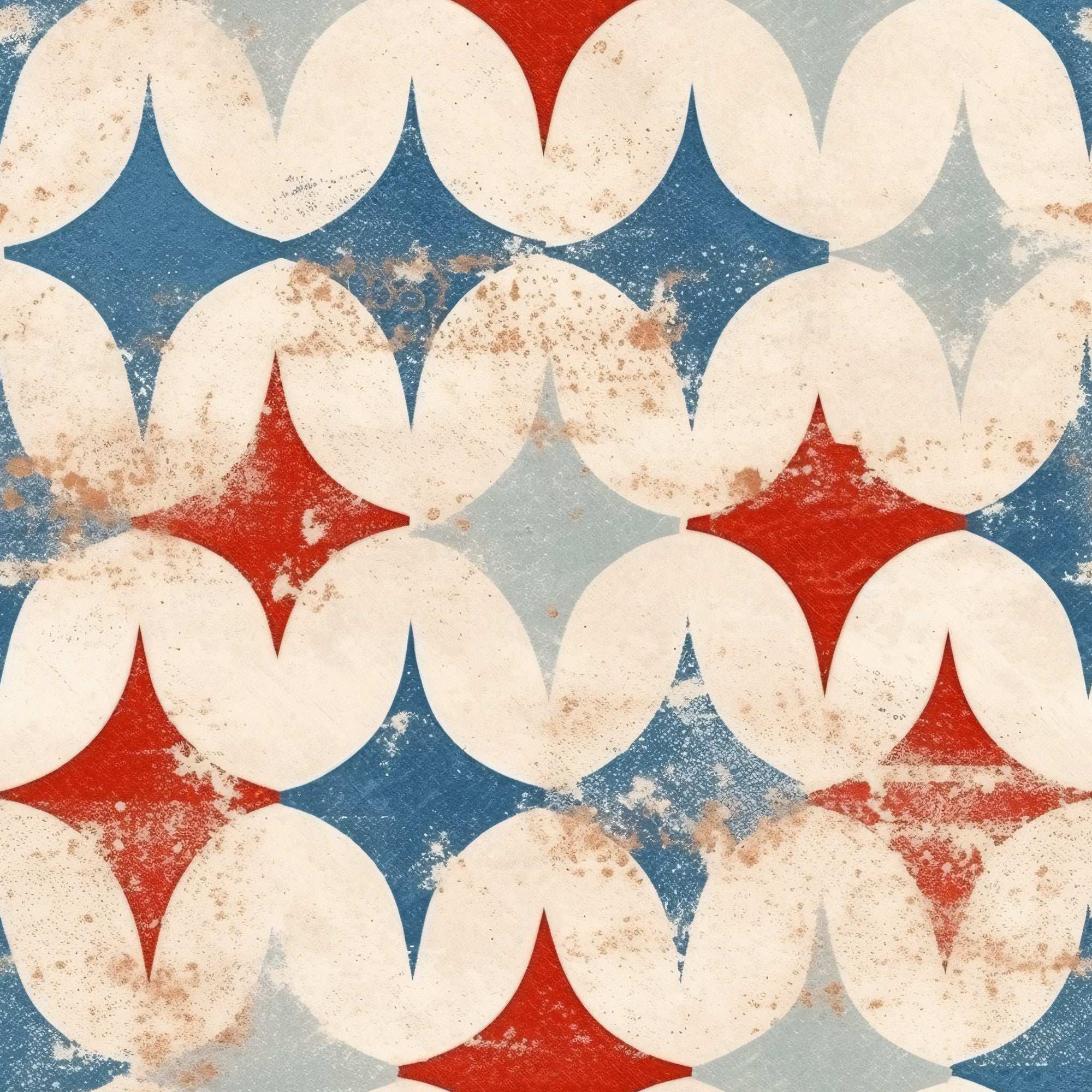 cream, ivory, red, blue, gray, distressed texture, weathered, vintage circles, overlapping circles, geometric pattern, four-pointed stars, diamond shapes, patriotic colors, americana, aged appearance, worn look,, fabric panel, repeating pattern, retro style