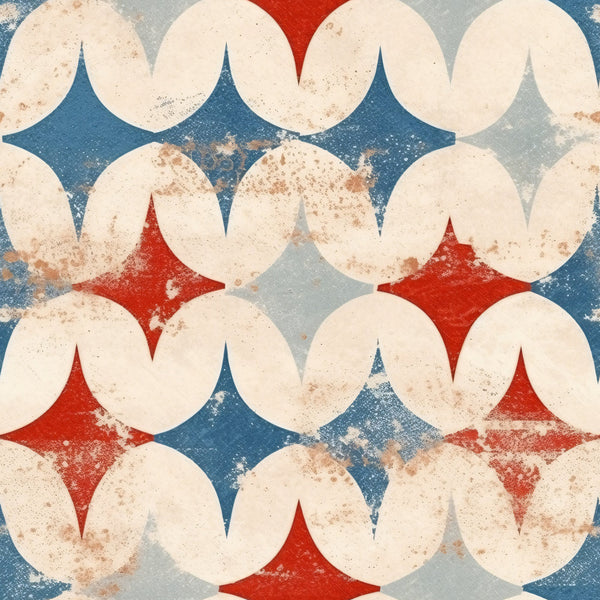 cream, ivory, red, blue, gray, distressed texture, weathered, vintage circles, overlapping circles, geometric pattern, four-pointed stars, diamond shapes, patriotic colors, americana, aged appearance, worn look,, fabric panel, repeating pattern, retro style