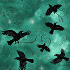 teal, turquoise, emerald green, black, celestial, starry, night sky, birds, ravens, crows, flying birds, magical, whimsical, mystical, gothic, elegant, ornamental, scrollwork, nature, woodland, enchanted, dreamy, spooky, dark academia, fantasy, silhouettes, wings, nursery, blanket, plush