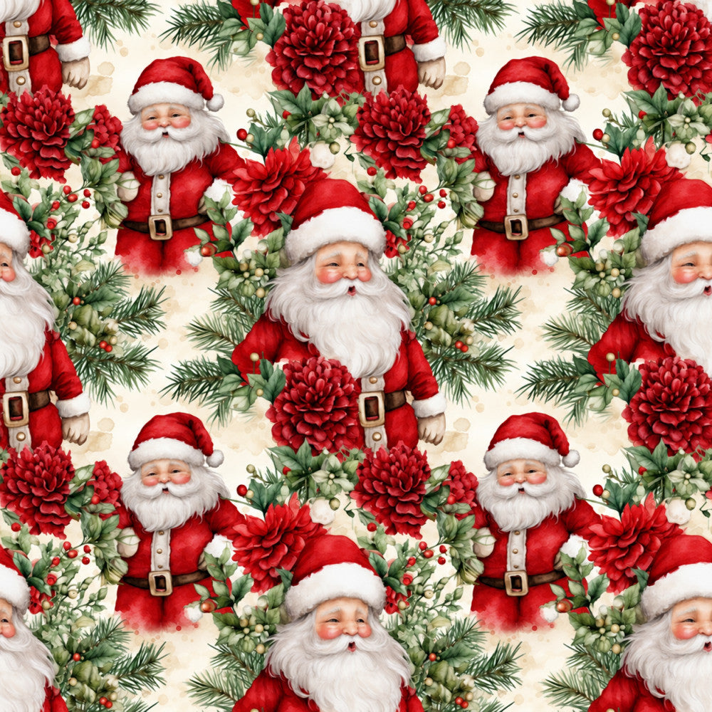 santa claus, christmas, holiday, red, cream, ivory, white, forest green, sage green, deep red, crimson, floral, dahlias, evergreen, pine branches, festive, traditional, whimsical, vintage, jolly, seasonal, children's, kids room, nursery, baby, retro, decorative, classic christmas, red flowers, holly berries