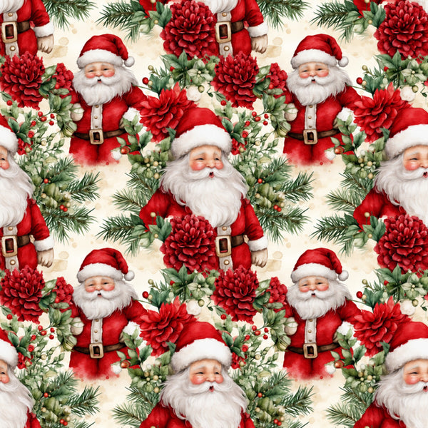 santa claus, christmas, holiday, red, cream, ivory, white, forest green, sage green, deep red, crimson, floral, dahlias, evergreen, pine branches, festive, traditional, whimsical, vintage, jolly, seasonal, children's, kids room, nursery, baby, retro, decorative, classic christmas, red flowers, holly berries