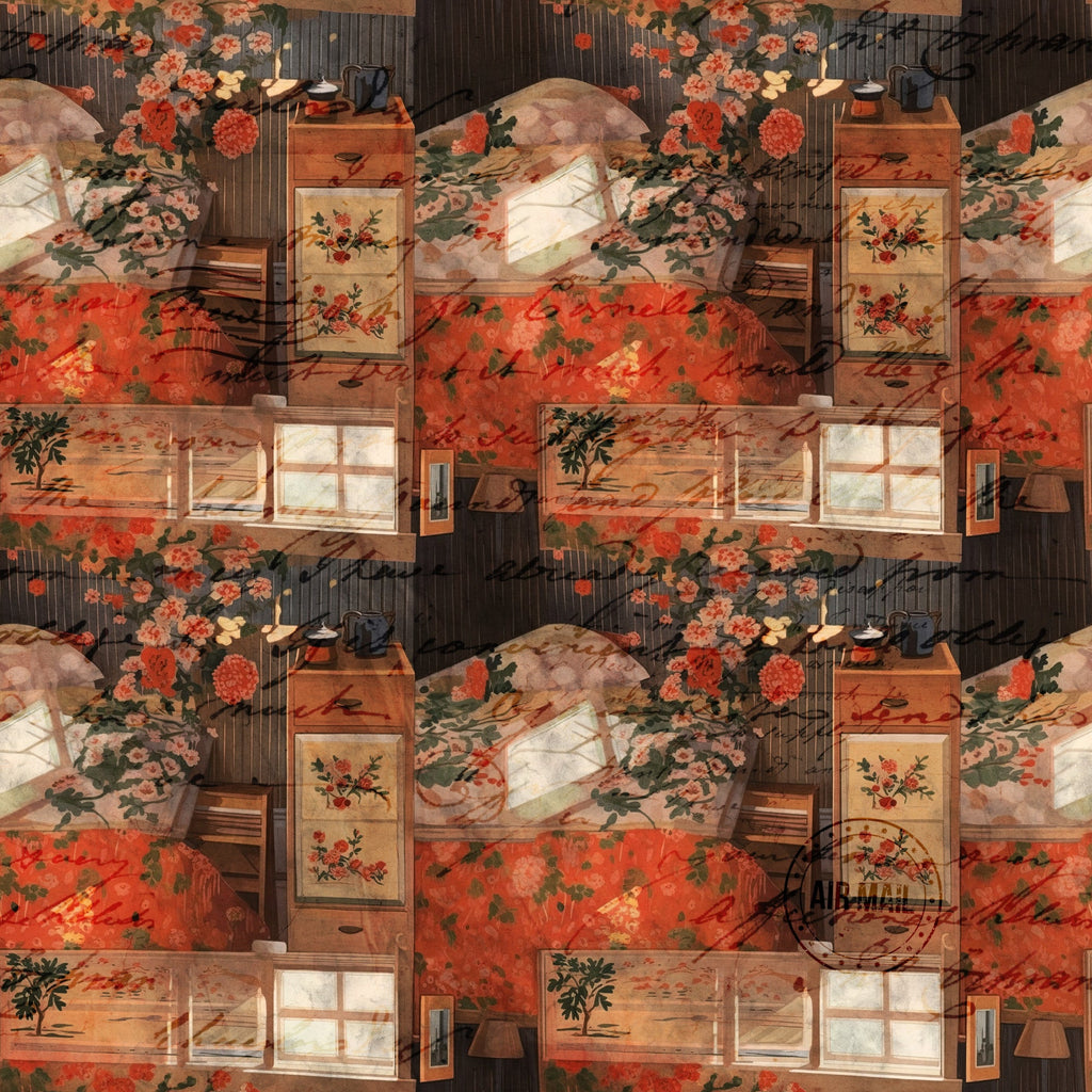 cottagecore, scrapbook,, fabric panel, autumn colors, orange, rust, coral, floral motifs, vintage bedroom, cozy interior, wooden furniture, window scenes, botanical elements, warm tones, rustic charm, cottage aesthetic, layered collage, nostalgic mood, craft room