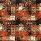 cottagecore, scrapbook,, fabric panel, autumn colors, orange, rust, coral, floral motifs, vintage bedroom, cozy interior, wooden furniture, window scenes, botanical elements, warm tones, rustic charm, cottage aesthetic, layered collage, nostalgic mood, craft room